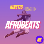Afrobeats in white bold letter overlaid on photo of Clement Mensah jumping. Kinetic Kinship logo at the top.