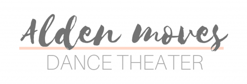 ALDEN MOVES Dance Theater Logo in gray type and on two lines with a soft pink line in between the lines