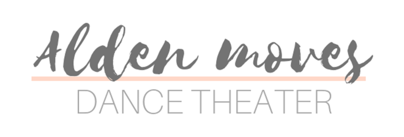 In gray and separated by a pink line, a cropped section of ALDEN MOVES Dance Theater's logo with "Alden" over "Dance"