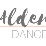 In gray and separated by a pink line, the beginning of ALDEN MOVES Dance Theater's logo with "Alden" over "Dance"