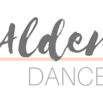 In gray and separated by a pink line, the beginning of ALDEN MOVES Dance Theater's logo with "Alden" over "Dance"