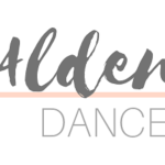 In gray and separated by a pink line, the beginning of ALDEN MOVES Dance Theater's logo with "Alden" over "Dance"