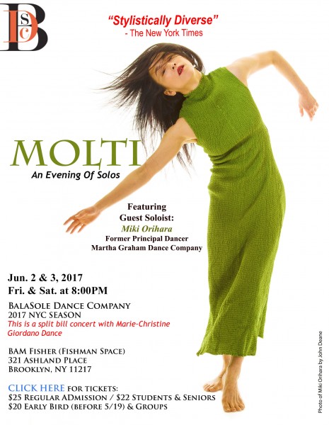 BalaSole Dance Co. with former Marthat Graham principal dancer Miki Orihara in "MOLTI", June 2 & 3, 2017, 8PM, at BAM Fisher