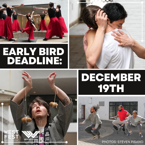 A collage of 4 photos of different dance companies, with 2 blocks of bold text that read, "Early Bird Deadline: December 19th"