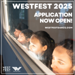 4 dancers in a line peer out a window, looking to the left of the frame. Overlayed text says WestFest 2025, Application Now Open