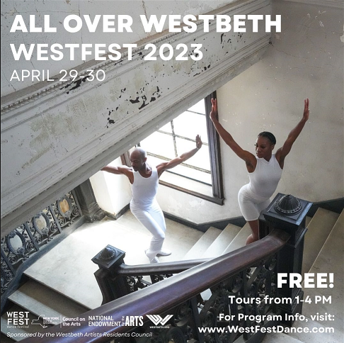 Two dancers wearing white with arms raised in a V-shape dance on an old staircase. WestFest info text is overlayed.