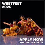 3 dancers wearing wearing bright red and orange crouch together, looking out the distant left; 2 point in the same direction