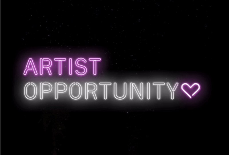 Neon lettering in pink and white that says Artist Opportunity