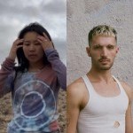 A photo of a woman standing in the desert and Headshot of Lavy against a white concrete wall, wearing a ribbed white tank top.