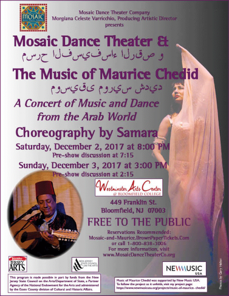 Poster with performance details for "Mosaic Dance Theater & The Music of Maurice Chedid"