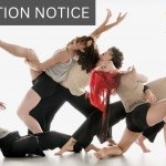 five dancers in a horizontal line, falling, bending, and leaning onto one another