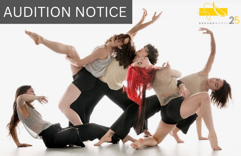 five dancers in a horizontal line, falling, bending, and leaning onto one another
