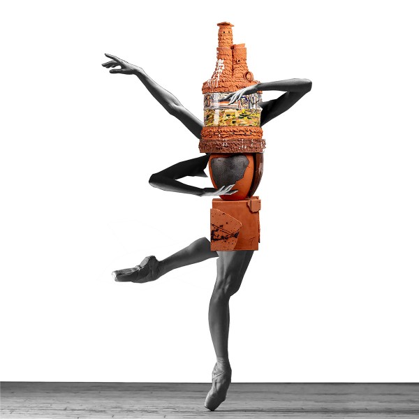 Dancer on pointe with three arms and encased by a large orange pot