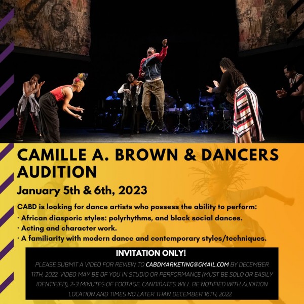 Photo of Camille A. Brown's "ink" against a yellow backdrop. Camille A. Brown & Dancer's Audition, January 5th & 6th, 2023. 