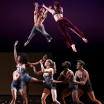 Above two dancers fly through the air reaching longingly. Below one dancer reaches high and gazes forward while 4 others support