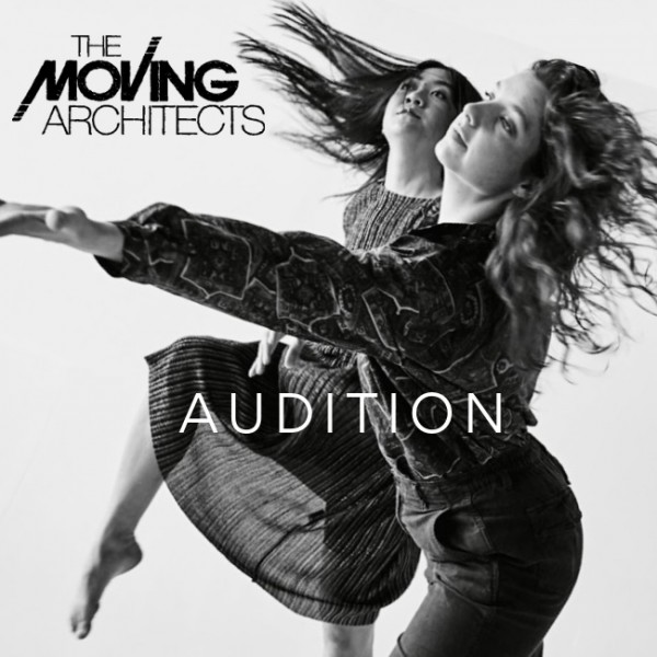 Black and white photo of two dancers in motion, hair flying, with textured clothes. Has TMA logo and word "Audition"