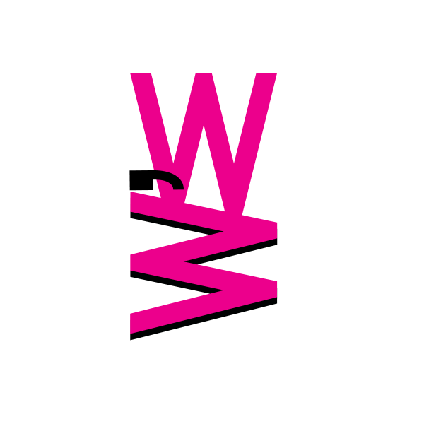 Logo of 2 hot pink W's. One W is placed normally above a black apostrophe and 2nd W rotated 90 degrees left