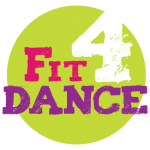 Fit4Dance Logo - Round Lime green circle with Fit(pink) 4 (white) Dance(purple) written in the inside