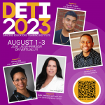 DETI 2023 in big letters, Dance Educators Training Institute, August 1-3. Shows four photographs of facilitators for event.