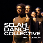 Selah company dancers standing in a line facing towards the camera in a diagonal line, with light highlighting their faces