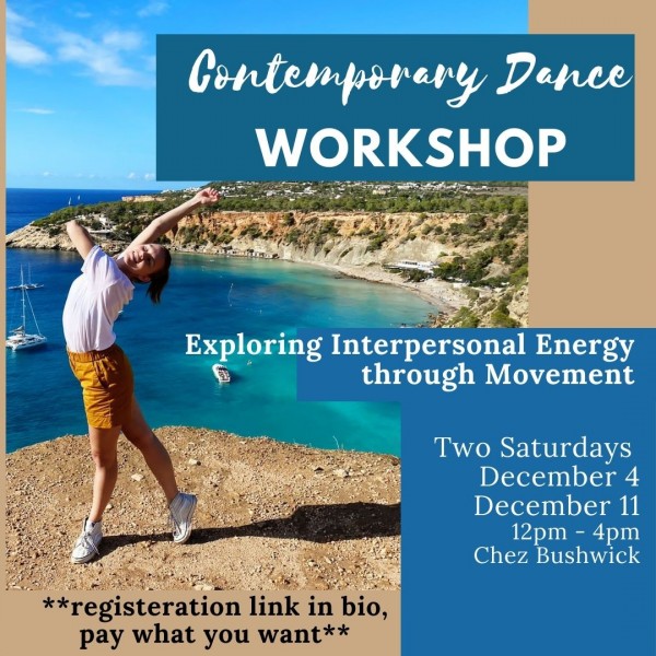 Flyer containing workshop information: A dancer on a cliff overlooking the ocean. 