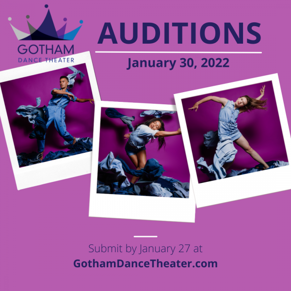 Gotham Dance Theater Audition Flyer. Three photos of dancers dressed in denim moving through denim pieces, on a purple backdrop.