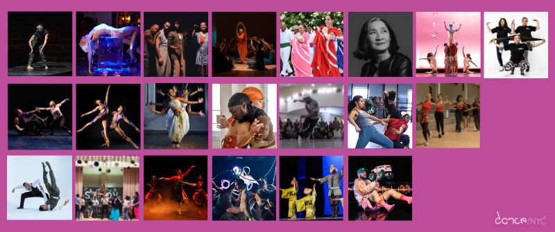 Collage of movement photos of some of the DAF grantees. They rest on a pink background and the white Dance/NYC logo is in the bottom right corner.