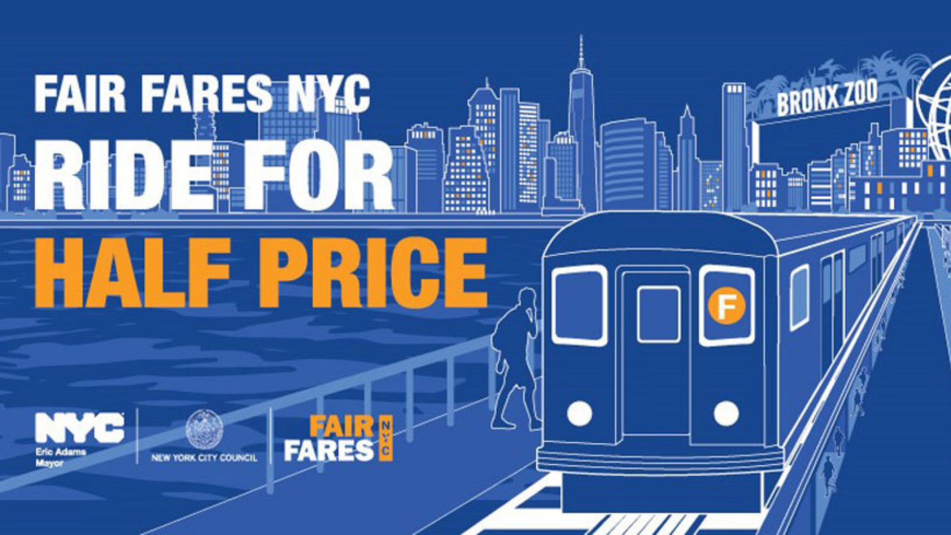 Graphic of the F train with the Manhattan skyline behind. Text reads ‘Fair Fares NYC Ride for Half Price.’