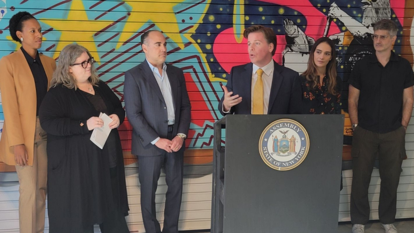 Speakers at press conference pictured, from left to right: Candace Thompson-Zachery, Co-Executive Director of Dance/NYC; Randi Berry and Paul Leibowitz from IndieSpace; Assembly Member Robert Carroll; Senator Julia Salazar; Noel Allain, Co-Founder and Artistic Director of Bushwick Starr.