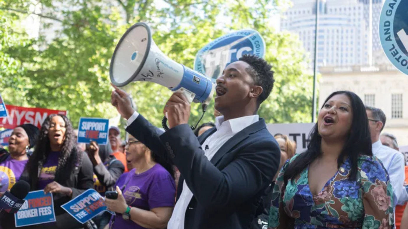 Council Member Chi Osse at FARE Act rally in front of City Hall