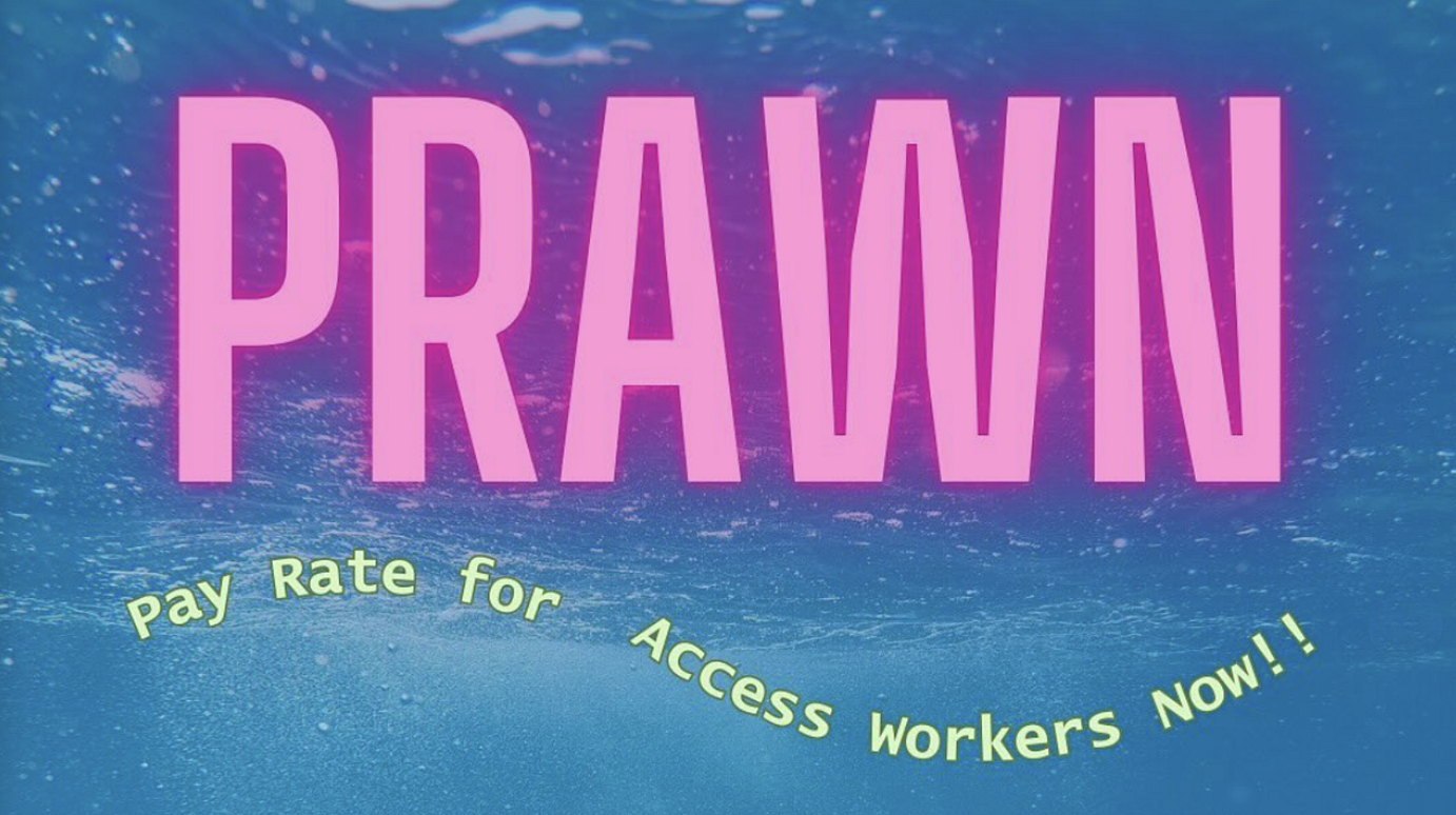 Text reads 'PRAWN Pay Rate for Access Workers Now!! in blue and yellow text, in front of a blue sea background