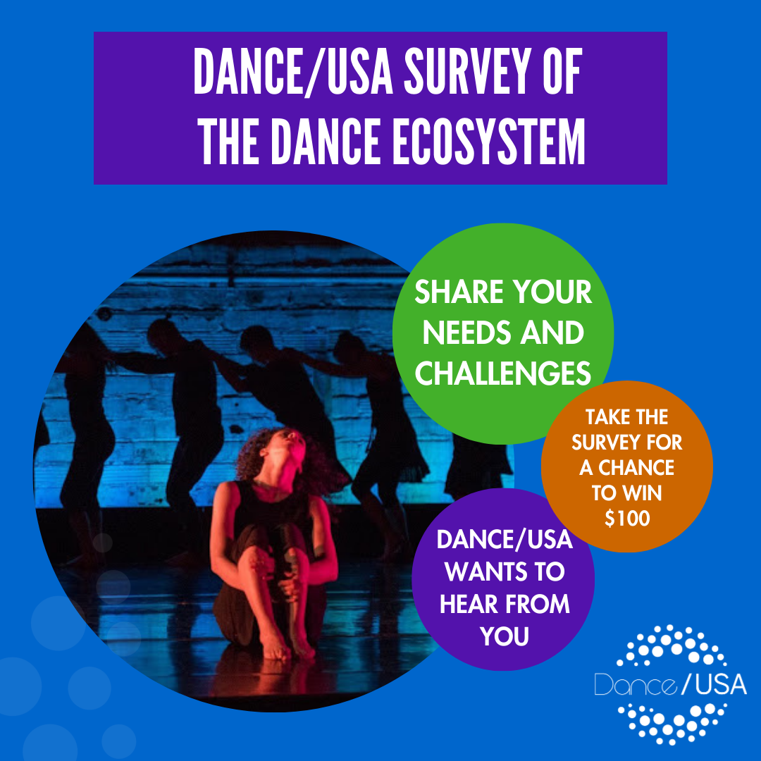 Blue graphic with a dance image inside a large circle and white text inside a purple rectangle and purple, green, and orange circles. A white Dance/USA logo is in the bottom right corner. Text: Dance/USA Survey of the Dance Ecosystem. Share your needs and challenges. Dance/USA Wants to Hear From You. Take the survey for a chance to win $100. Image: MorrisonDance featuring Fatima AbuZahrieh. Fatima is seated onstage with arms clasped under her knees, bathed in warm light, with her head tilted back. Behind her is a blue background with dark figures. Photo credit: Bob Perkoski.